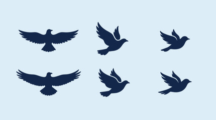 Fototapeta premium Birds flying silhouettes on transparent background. Aviary flight icons. Crow, Raven, Pigeon, Sparrow silhouettes. Minimalist line art for branding. Vector illustration.