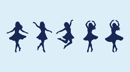 Ballerina silhouettes dancing in mid-air. Graceful ballet figures isolated on transparent background. Ballerina, arabesque, pirouette, plié, tendu. Vector illustration. © Wuoyexian
