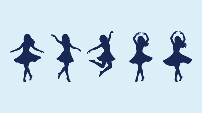Ballerina silhouettes dancing in mid-air. Graceful ballet figures isolated on transparent background. Ballerina, arabesque, pirouette, pli&eacute;, tendu. Vector illustration.