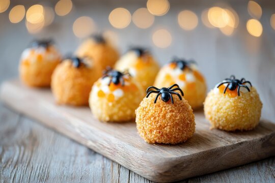 Spooky halloween cheese balls with decorative spiders on wooden board