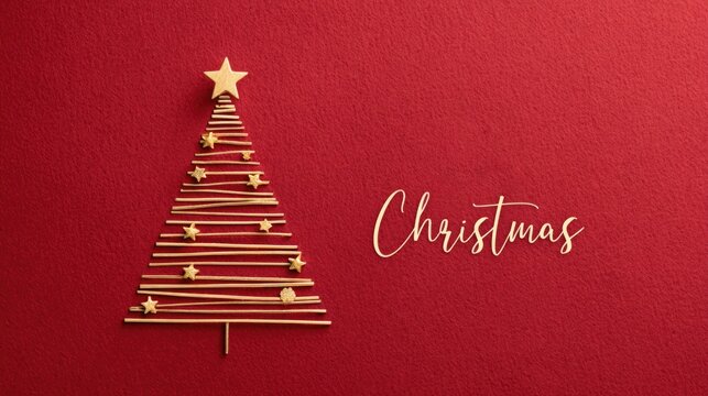 Elegant golden christmas tree design on red background with festive greeting