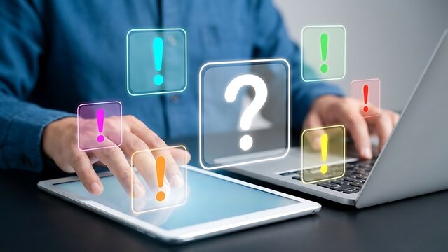 Person using a tablet and laptop with floating colorful exclamation mark and question mark icons, representing technical support and help