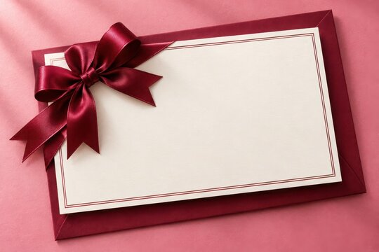 Blank greeting card with burgundy ribbon bow on dark red envelope