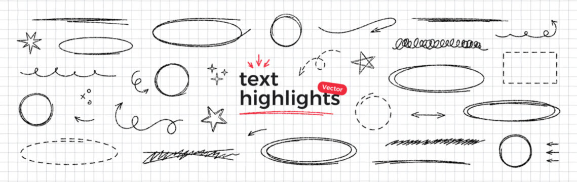 Hand drawn scribble highlights. Black pen texture doodle set on notebook paper. Round and oval bubbles to highlight text. Thin rough line. Sketchy underlines and arrows elements. Vector illustration