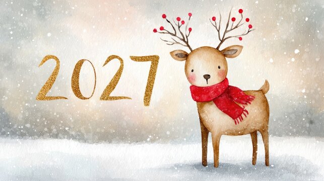 Festive reindeer with scarf celebrates holiday season 2021 with sparkling snow and stars