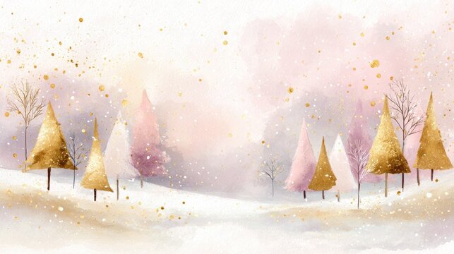 Dreamy winter landscape: watercolor pastel sky with snowy trees and golden splashes