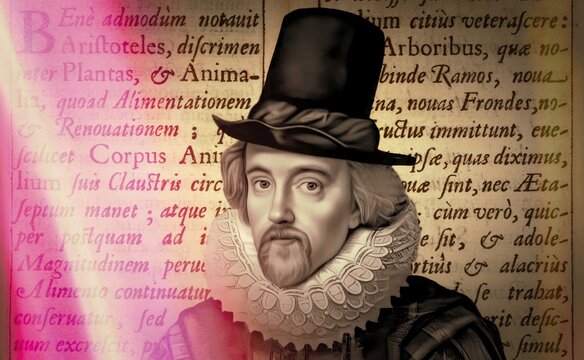 Portrait of Sir Francis Bacon, 1561 - 1626, English lawyer, statesman, essayist, historian, intellectual reformer, philosopher and scientist, text from his book &lsquo;Historia vitae et mortis&lsquo;