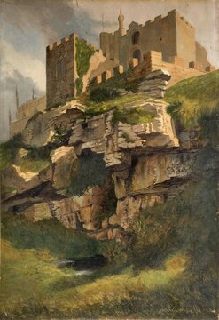 Ruin and rocky landscape on the coast of Marazion, Cornwall, 1858, England, Painting by Benjamin Johnson, Historic, digitally restored reproduction from a 19th century original