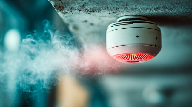 A ceiling mounted smoke detector shows a red light as smoke gathers around it indoors, fire safety, smoke detection, emergency prevention, building protection, alarm system reliability.