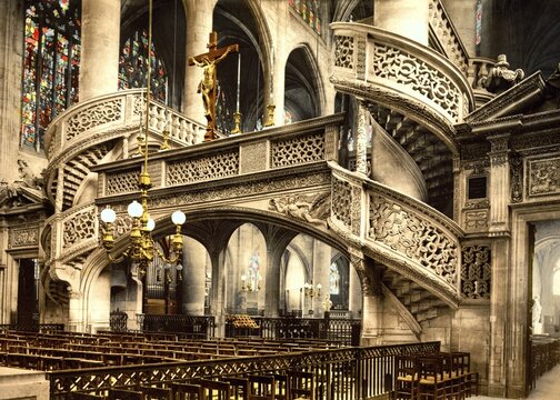 The parish church of Saint-etienne-du-Mont stands on the Montagne Sainte-Genevieve, in the 5th arrondissement, church interior, Paris, France, Historical, around 1900, digitally restored reproduction from a 19th century original