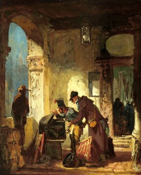 Papal Customs Revision, Painting by Carl Spitzweg, Historical, digitally restored reproduction from a 19th century original, Record date not stated