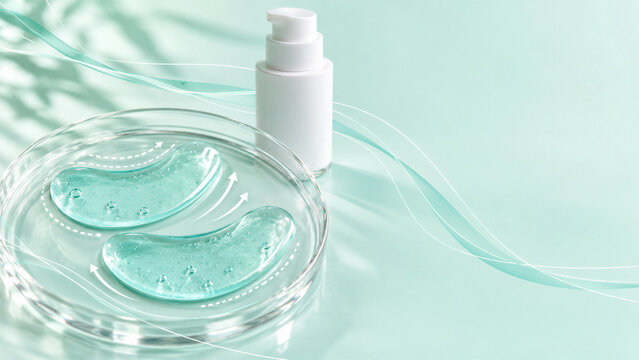Peptide serum bottle beside hydrogel eye patches in glass dish. Peptide skincare and cosmetic treatment concept. Anti-aging beauty care, hydration and dermatology.
