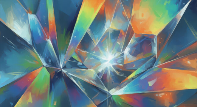 Vibrant rainbow crystal background, colorful geometric prism texture, painterly glass shards with light refraction, artistic multi-color gem pattern