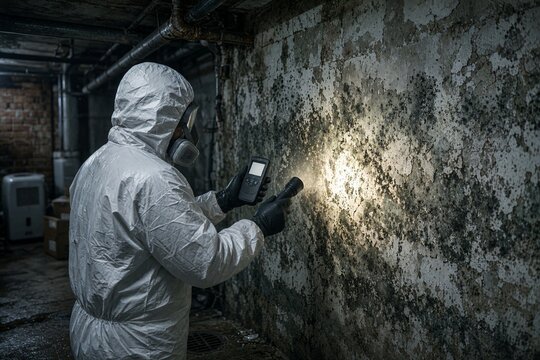 Fachkraft im wei&szlig;en Schutzanzug mit Atemmaske untersucht Schimmel an der Wand im Keller mit Taschenlampe