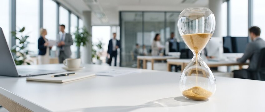  Sanduhr auf einem Schreibtisch im B&uuml;ro mit unscharfen Kollegen im Hintergrund &ndash; Konzept Zeitmanagement