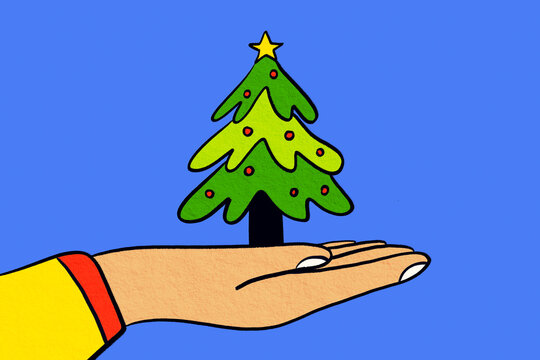Hand holding Christmas tree festive holiday concept illustration