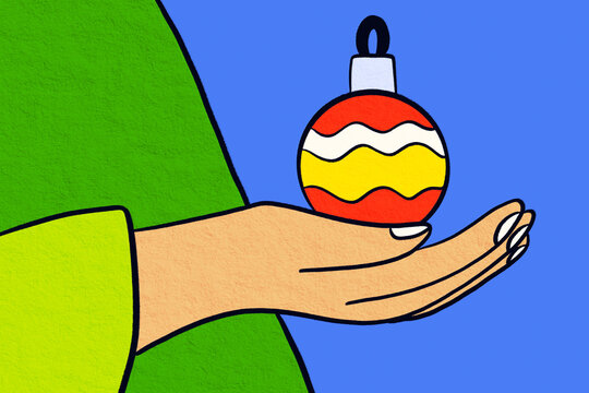 Hand holding colorful Christmas ornament vector illustration