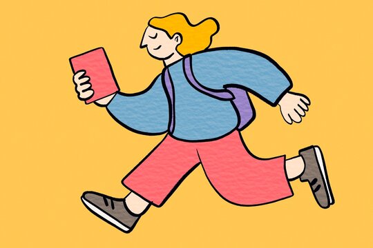 School student running with book and backpack illustration