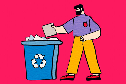 Man sort recycled paper into colorful collection bin