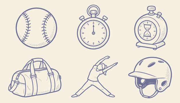set of blue hand-drawn sports, fitness, and equipment doodle icons on beige background
