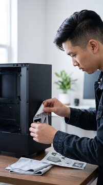 Young man applying graphic sticker on a black computer case. Vertical photo of person customizing desktop PC tower at wooden desk. DIY computer hardware modding
