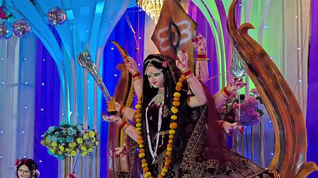 Majestic idol of hindu goddess durga decorated in pandal for navratri festival