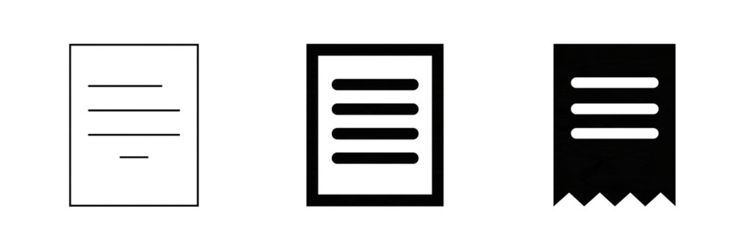 Set of three black receipt and invoice icons isolated on transparent