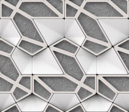 3D white lattice loft panels with silver decor on gray stucco