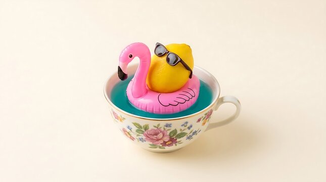 Lemon wearing sunglasses on flamingo float in tea cup