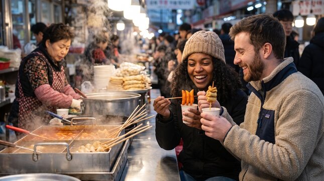 Happy couple eating Korean street food at a bustling night market. Multicultural young man and woman enjoying tteokbokki and fish cake skewers in Seoul. Travel and food culture concept
