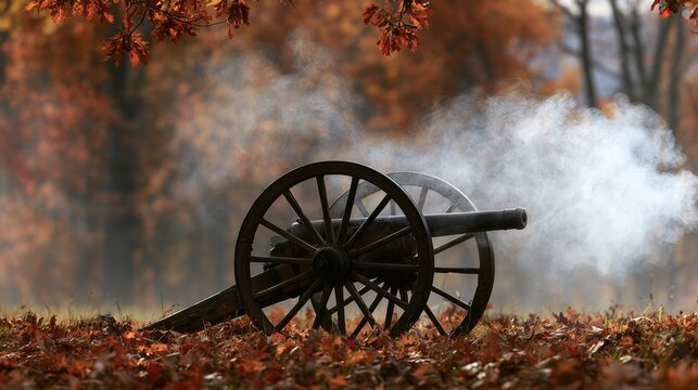 Old cannon near trees under autumn leaves with smoke in the air
