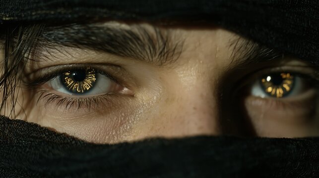 Close view of eyes of a person wearing a black cloth covering the face