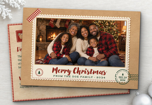 Rustic Christmas Photo Postcard Template, Vintage Kraft & Gingham Holiday Greeting Card for Family Portraits