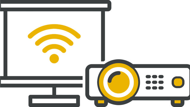 Modern digital projector displaying yellow wireless network signal symbol on projection screen vector icon illustration graphic design element