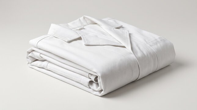 Folded white cotton laboratory coat for medical professionals in clinical office settings.