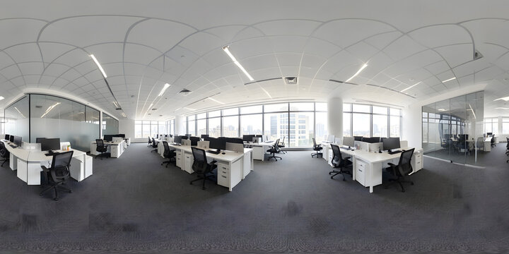 360 degree equirectangular panorama of an empty modern open plan office interior