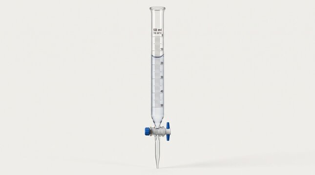 Glass burette with clear liquid and blue stopcock valve for volumetric chemical analysis.