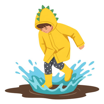 child jumping in puddle wearing yellow raincoat with dinosaur hood and rubber boots vector illustration creating joyful play mood in flat design style for children book graphics and seasonal concepts