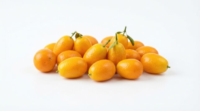 Fresh ripe kumquat fruits piled together isolated on white background