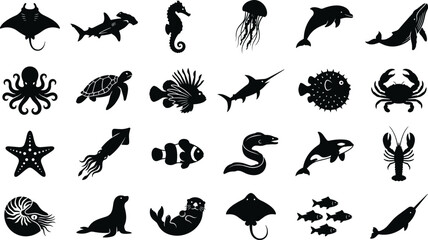 Marine life and ocean sea animals silhouette icon set vector.    © Nurjahan