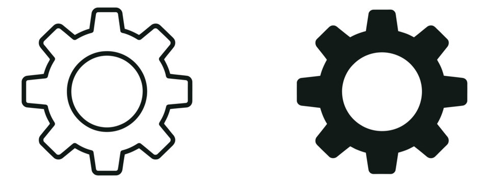 Gear Settings Icon Set in Different Styles, Featuring Configuration Symbols for System Preferences, Software Controls, Application Settings, Technical Support, and Digital Interface Design.