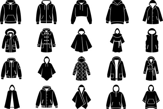 Hoodies jackets and winter coats outerwear silhouette icon set vector.   