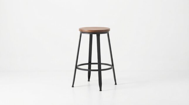 Industrial bar stool with wooden seat and black metal frame isolated on white background