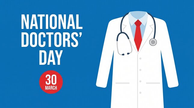 National doctors day graphic with lab coat and stethoscope