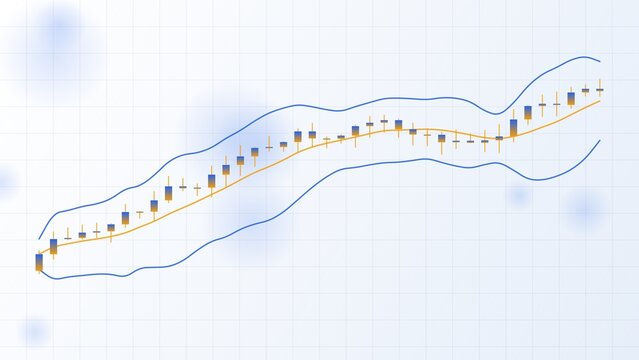 Financial bollinger bands chart with candlestick patterns for technical market analysis on light grid background.