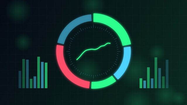 Circular dashboard interface with neon bar charts against dark grid background for financial data analysis and monitoring.