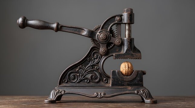 Antique Cast Iron Nutcracker with Walnut on Vintage Table