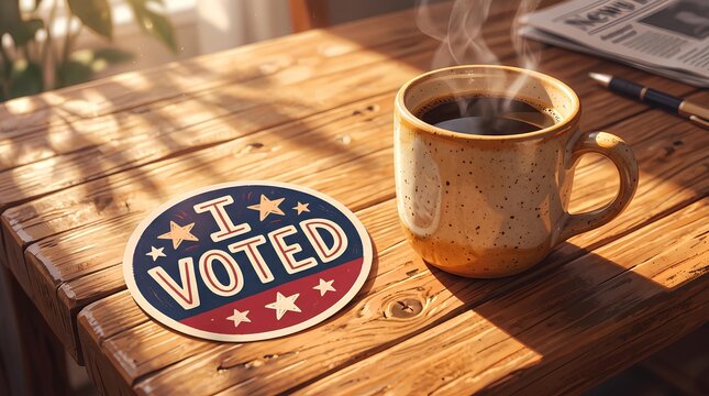 Voted Sticker Beside Hot Coffee on Wooden Table During Election Day