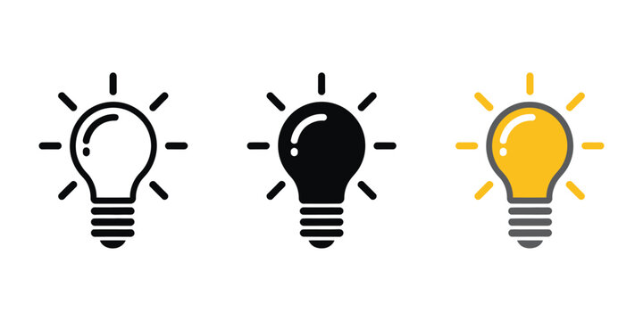 Light bulb with radiant beams symbol collection for brainstorming, business innovation, creative solutions, knowledge sharing and educational concepts