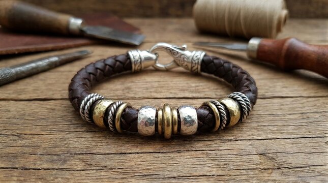 Leather bracelet with metal beads on wooden workbench
